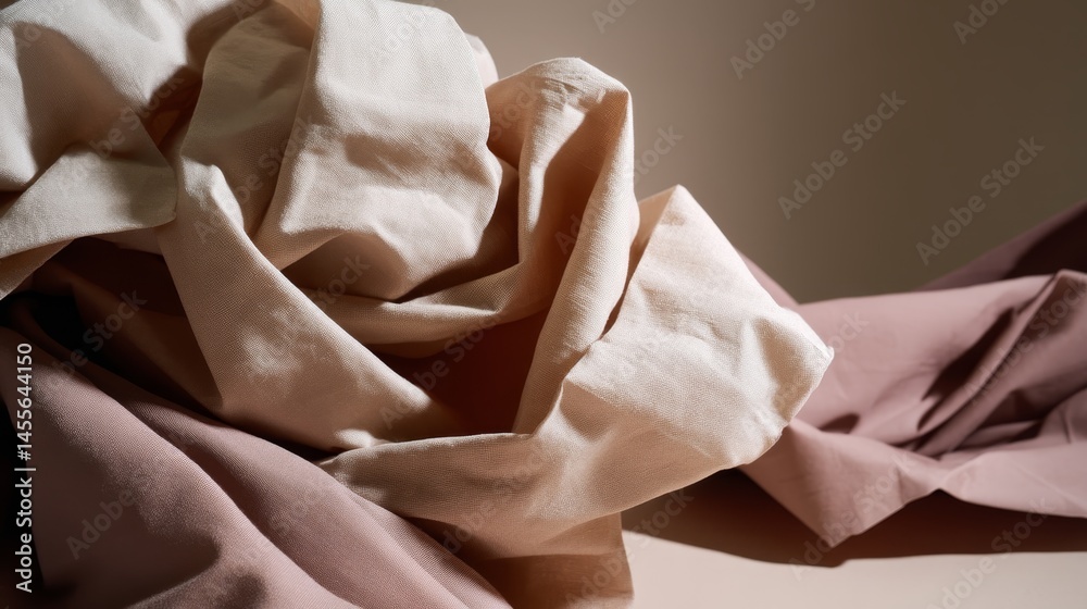 Poster Crumpled beige parchment rests on a smooth taupe backdrop, highlighting subtle creases that catch soft light, creating an organic and textured composition