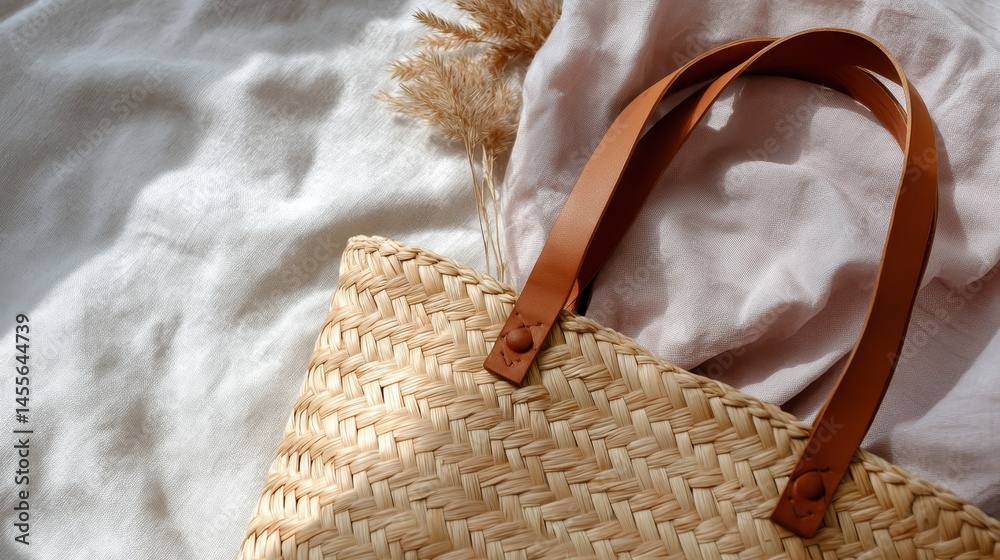 Poster close-up of a stylish woven straw handbag with sturdy leather straps, elegantly placed on a soft lin