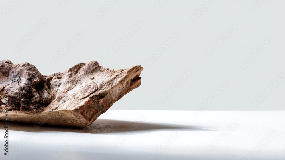 Aufkleber Close-up of a beautifully textured oak stump showcases its intricate grain patterns set against a white background, enhanced by soft, natural lighting