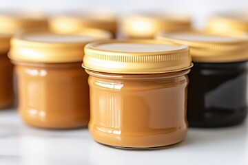 Small glass jars filled with smooth, light-brown food, likely baby food or a similar product, with gold lids  Several jars in varying focal planes are visible, creating a slight depth of field