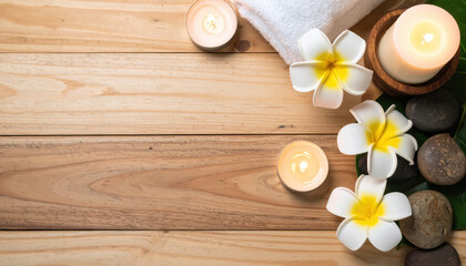 Relaxing natural wellness ritual with white plumeria flowers, lit candles, smooth stones, and soft towel arranged on wooden surface for calming atmosphere