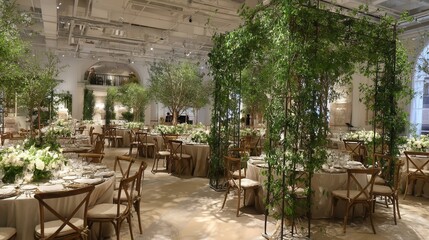 Elegant indoor banquet hall adorned with greenery and white floral arrangements.