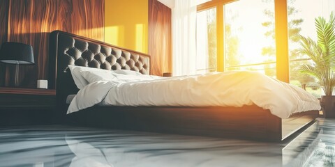 Modern bedroom with large windows, showcasing a comfortable bed with luxurious bedding, bathed in sunlight  A sophisticated, stylish, and bright interior design
