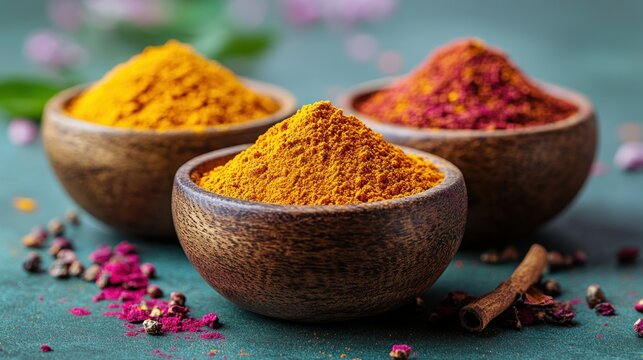 Colorful spice powders in wooden bowls