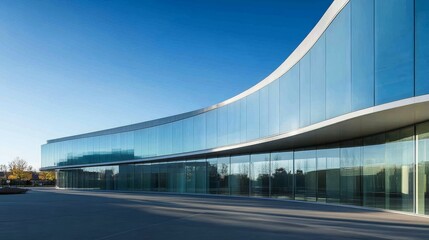 Obraz premium Modern Architectural Design Features Smooth Curves and Large Glass Panels Under a Bright Sun at a Residential Building in a Clear Blue Sky