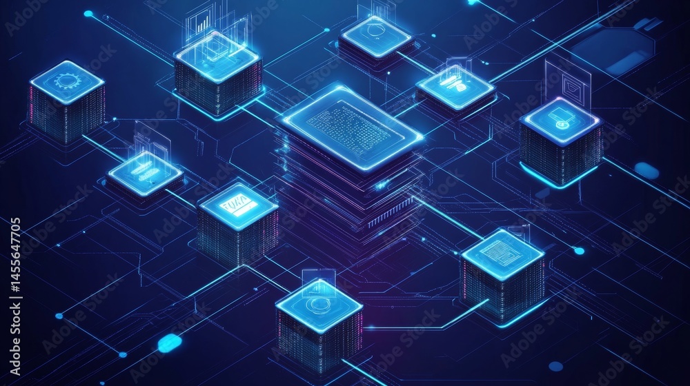 Aufkleber Data Center Infrastructure Showcasing Advanced Technology and Networking Connections With Glowing Lines and Interfaces Illuminated in a Dynamic Environment