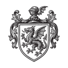 Fototapeta premium Dragon Crest Heraldic Coat of Arms Shield woodcut engraving vector illustration