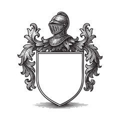 Obraz premium Knight Heraldic Crest Coat of Arms blank Shield woodcut engraving vector illustration