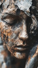 Close-up of a weathered, bronze-toned sculpture depicting a woman's face, showing texture and detail.