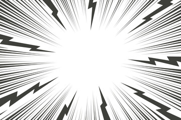Cartoon comic background with lightning burst effect. Vector manga graphic with flash and abstract thunder. Energy explosion frame with electric light. Radial perspective monochrome beams © Chorna_L