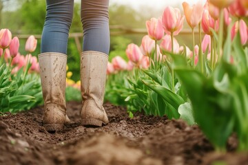 Fototapeta premium Person in garden boots walking through a field of tulips A close-up view of muddy boots on a dirt path lined with vibrant pink tulips Sunlight streams through the background