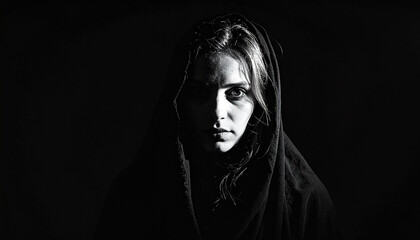 a woman emerging from the shadows, light and dark covering parts of her face, dark backgroun