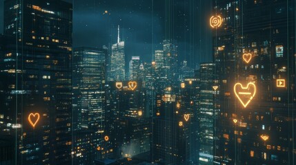 Fototapeta premium Neon-lit Futuristic Cityscape With Towering Skyscrapers Shrouded in Mist and Vibrant Colors in a Night Setting