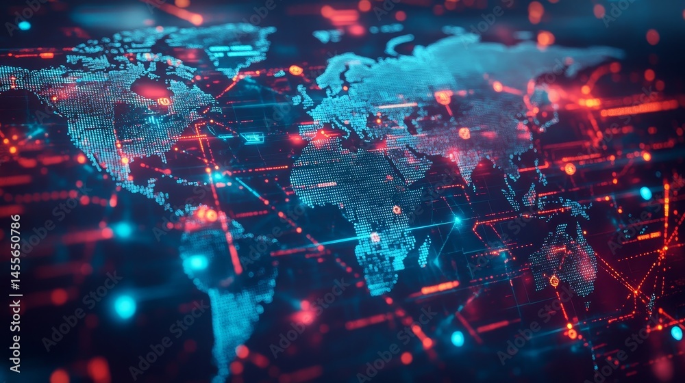 Poster digital world map with glowing connections and data points representing global networking and techno