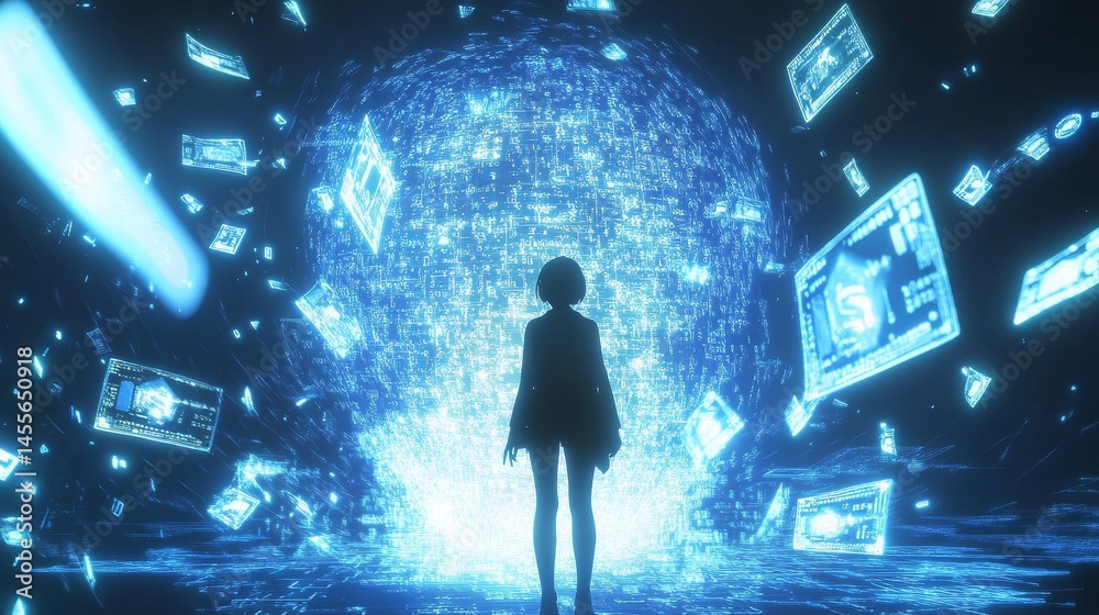 Poster person standing in a futuristic environment surrounded by digital data and technology while engaged 