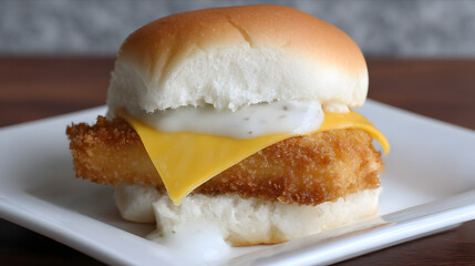 Lightly Breaded Fish Fillet Sandwich with Cheese and Sauce on a Fresh White Bun