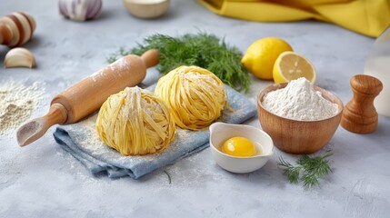 Fototapeta premium Fresh Homemade Pasta with Ingredients Egg Yolks, Flour, Dill, and Lemons