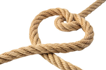 Isolated on white, a brown fiber rope shows a tied nautical knot, a strong connection detail