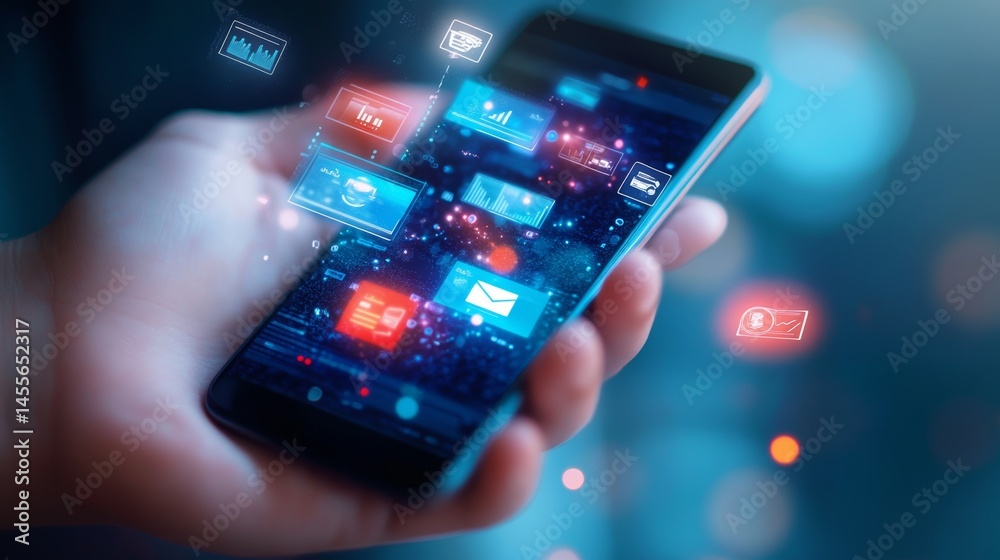 Poster technology in the modern era shows a hand interacting with a smartphone displaying digital interface
