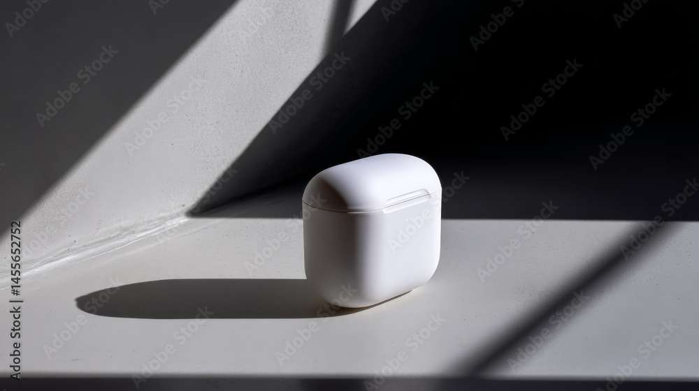 Poster Close-up of a sleek wireless earbud case resting on a smooth white surface, illuminated by soft natural light, highlighting modern simplicity and elegance