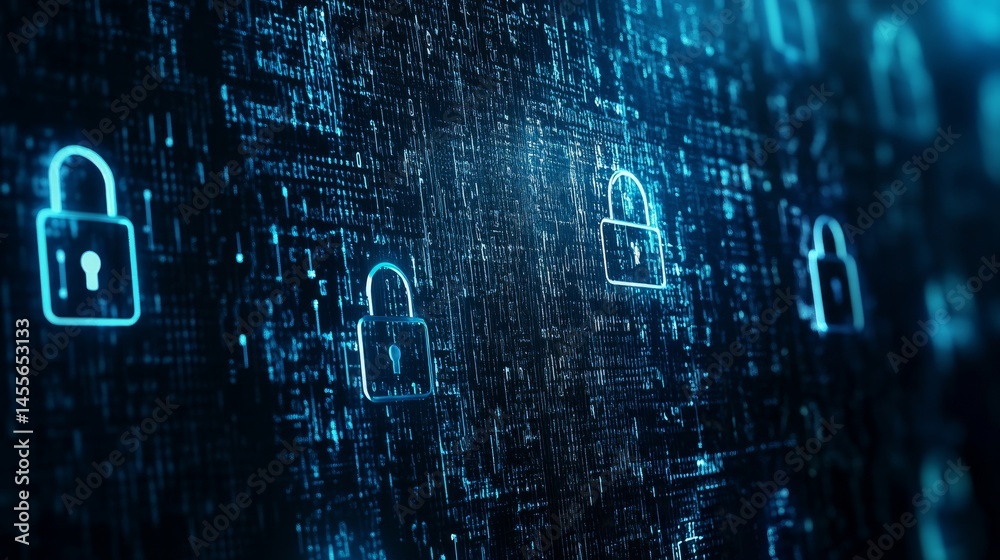 Poster digital security concept with a glowing padlock symbol on a circuit board background representing da