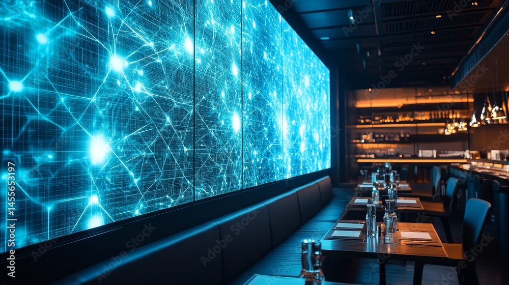 Poster abstract blue wave patterns create a dynamic visual effect in an ethereal digital space filled with 