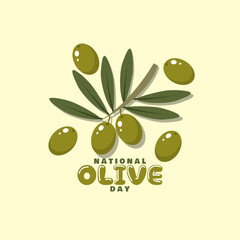 National Olive Day to celebrate on June 1st. Olive fruits with branches and leaves on cream background.
