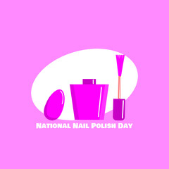 National Nail Polish Day to celebrate on June 1st. A bottle of nail polish with a brush and a fake nail on bright purple background.