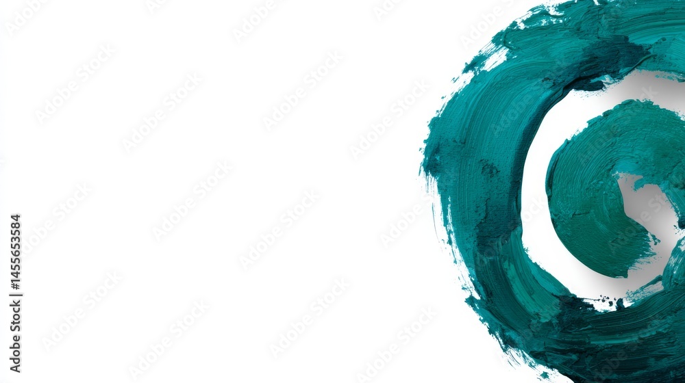 Poster close-up view of an abstract teal spiral painted in watercolor on white canvas, showcasing fluid art