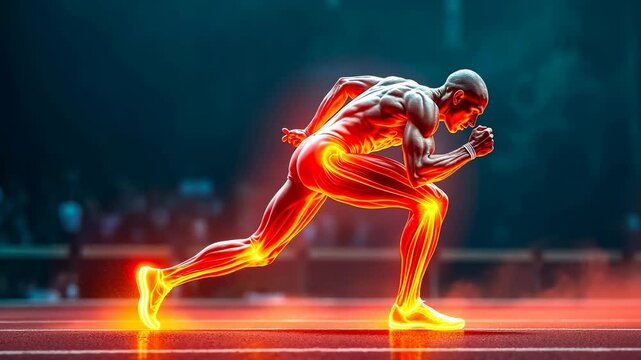 Muscles big, sprinter speed, athlete performance. Physical fitness. Muscles glow during intense exercise. Runners build exceptional stamina. Athletic training boosts energy efficiency.