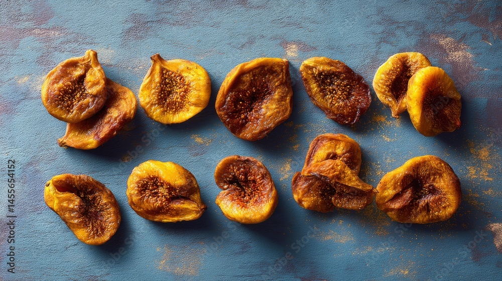 Poster Close-up shot features neatly arranged dried golden figs on a smooth slate surface, illuminated by soft studio light for a rich and appealing look