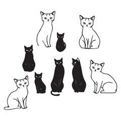 Minimalist cats drawing set. Cat doodles in abstract hand drawn style, black and white line art vector illustration