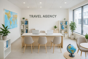 Modern travel agency office with minimalist decor and bright atmosphere. concept of travel planning, workspace efficiency, contemporary interior design.