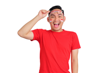 Shocked young Asian man celebrating Indonesian independence day take off glasses isolated on transparent background