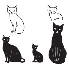Minimalist cats drawing set. Cat doodles in abstract hand drawn style, black and white line art vector illustration