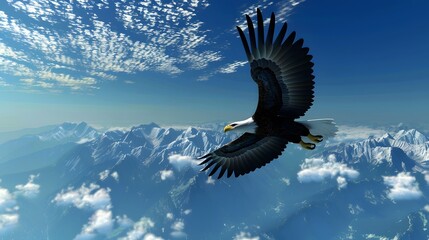 Obraz premium Eagle Soaring High: A majestic eagle soaring high in the sky with wings spread wide. 