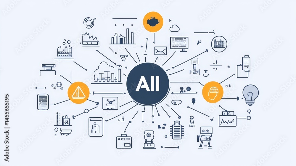 Poster illustration showcasing the concept of artificial intelligence with interconnected diagrams and symb