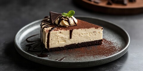 Dark chocolate cheesecake slice on plate