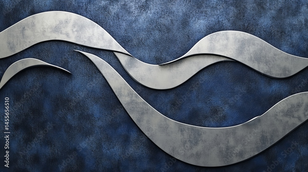 Poster textured abstract design with flowing lines in blue and silver against a dark background creating a 