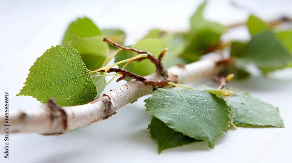 Poster slender birch branch with sparse green leaves arranged on a clean white surface. this composition pr