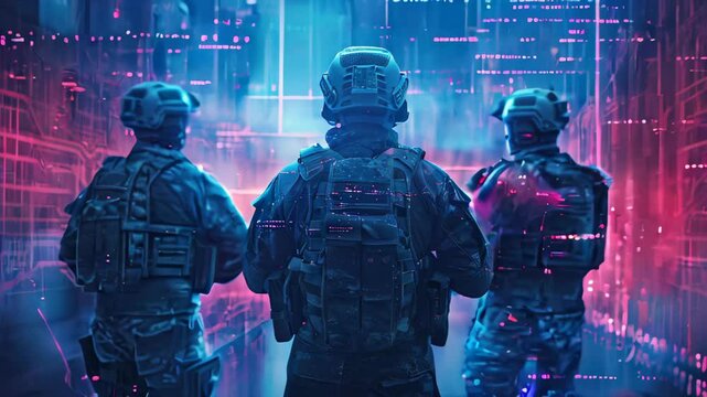video of Military forces command through a tablet with augmented reality, utilizing AI for internet-based programming control and online coordination of the military team