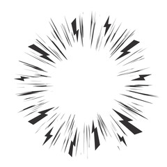 Fototapeta premium Comic speed lines effect. Anime vector radial burst on white background. Cartoon manga book perspective explosion with lightnings. Circle textured frame with sparkles and splashes