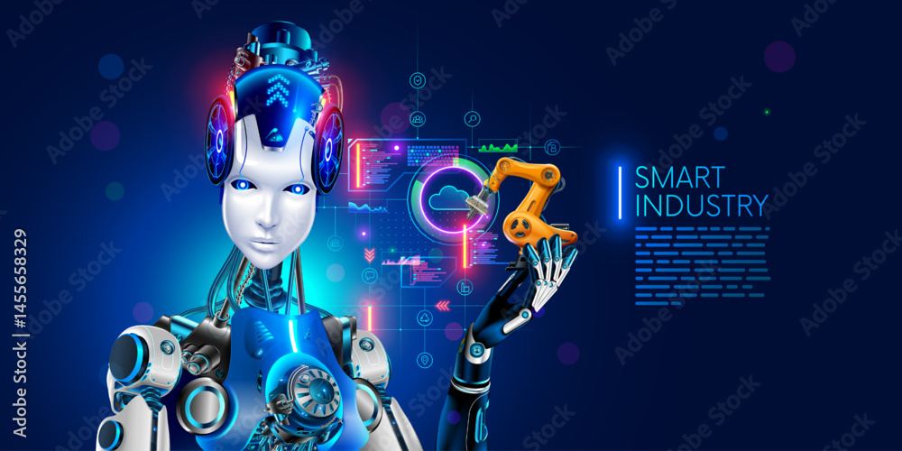 Leinwandbilder ai management work robots on factory. humanoid robot or cyborg with artificial intelligence or ai co