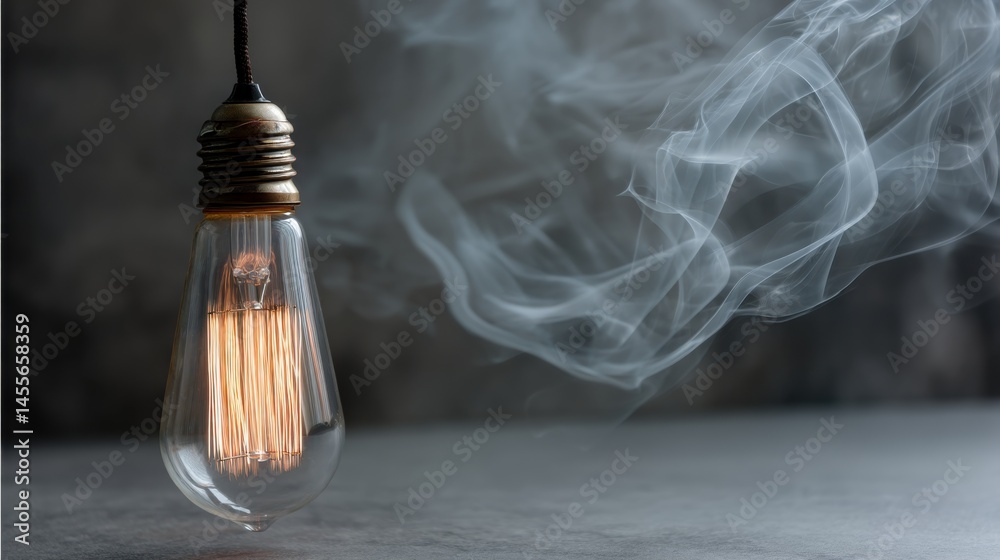 Leinwandbilder Incandescent light bulb emits a warm glow as smoke gently swirls around it against a dark background, creating an atmospheric and captivating visual effect