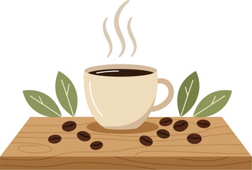 Flat Vector Illustration of Hot Coffee Cup with Steam, Coffee Beans and Wooden Board – Minimalist Design for Cafe Branding and Menu Templates