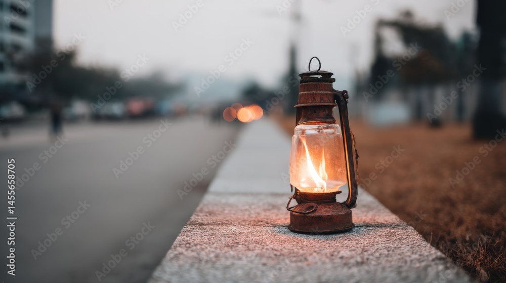 Poster A rustic lantern rests on a stone ledge, its flickering flame illuminating the surroundings as darkness envelops the evening. Soft bokeh creates a tranquil backdrop