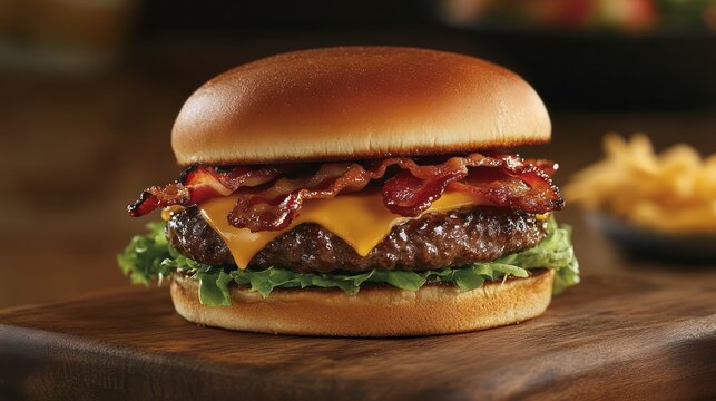 Close up of a gourmet hamburger with bacon and cheese