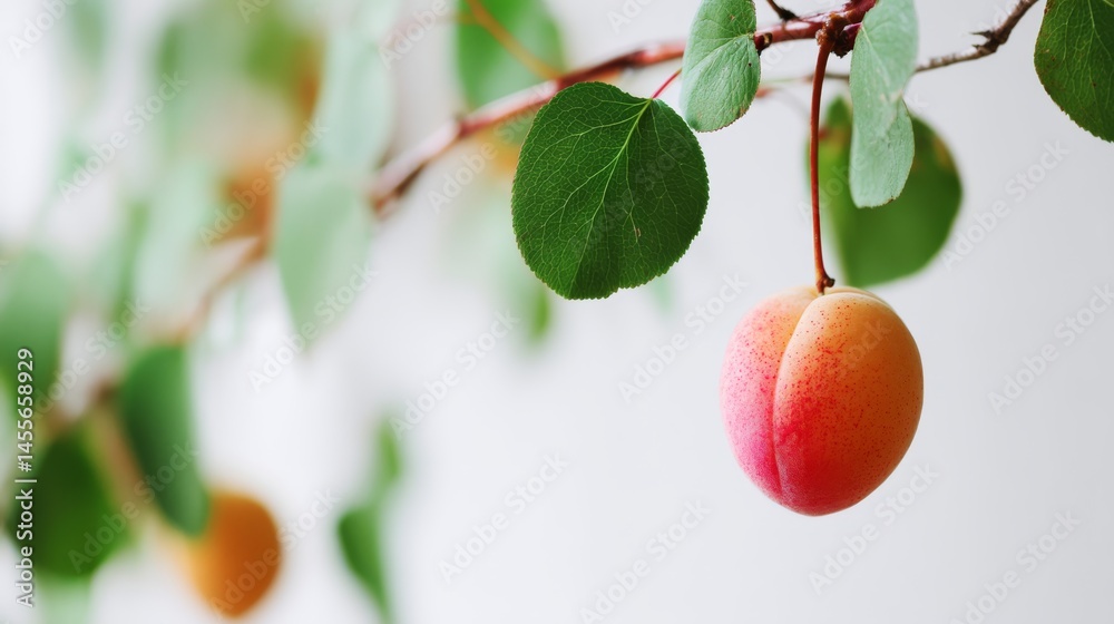 Poster a close-up view reveals a ripe apricot suspended from a delicate branch surrounded by lush green lea