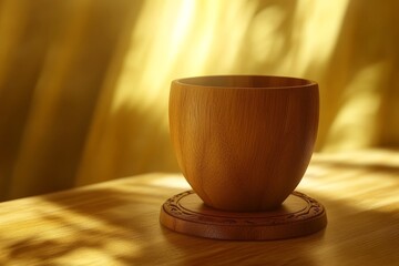 Empty wooden cup on a coaster, bathed in warm sunlight.