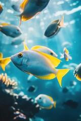Naklejka premium Underwater World with Tropical Fish Swimming in Blue Ocean Water with Coral Reefs